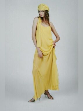 Shadows by Zara Yellow Draped Spaghetti-Strap Maxi Bohemian Flowy Dress